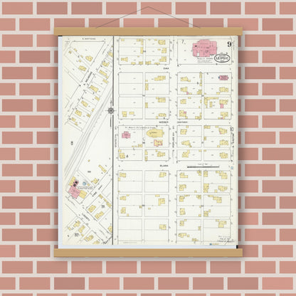 Old map wall art mockup — magnetic wood frame on brick wall — Sanborn Fire Insurance Map from Leipsic, Putnam County, Ohio (1916), Sheet #0009