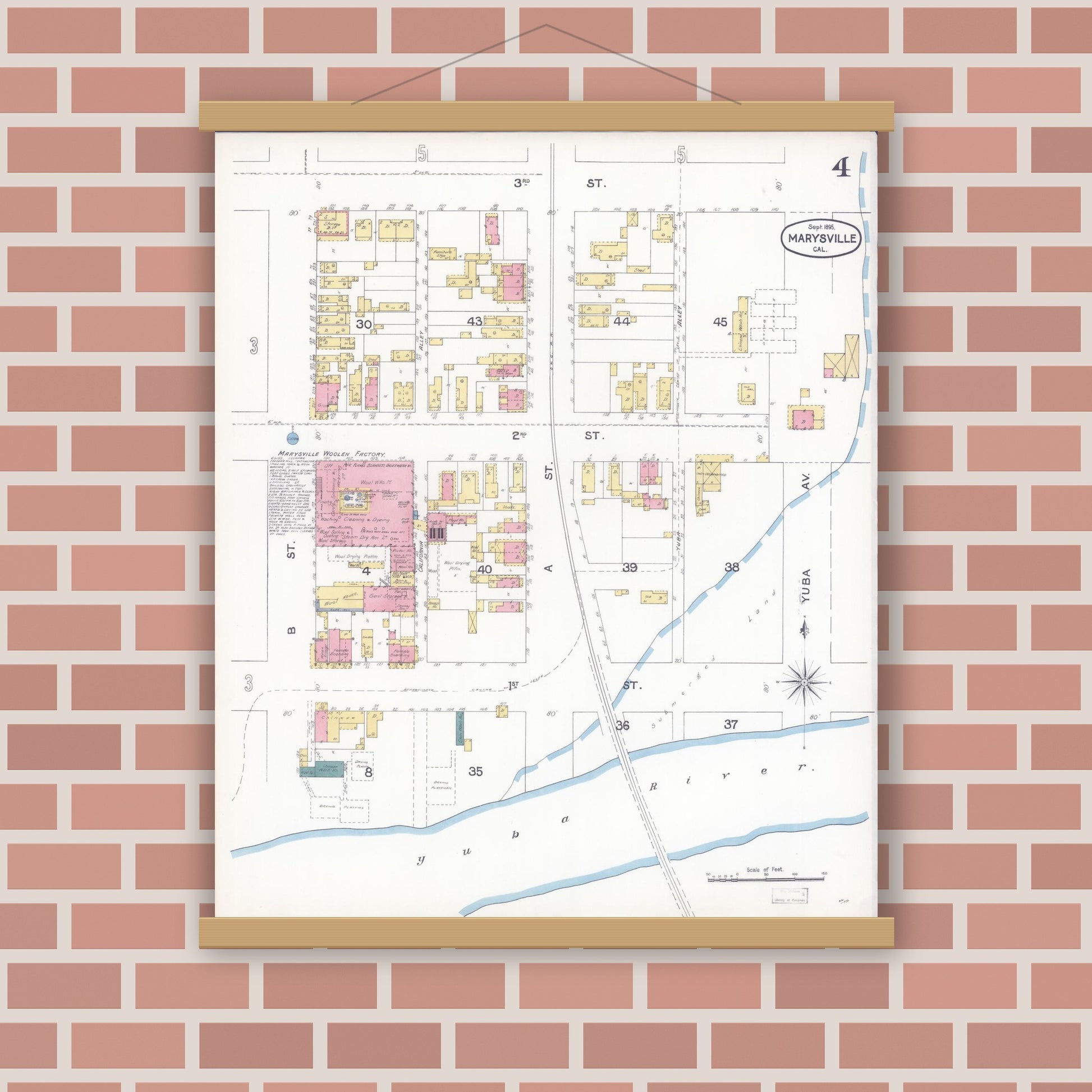 Old map wall art mockup — magnetic wood frame on brick wall — Sanborn Fire Insurance Map from Marysville, Yuba County, California (1895), Sheet #0004