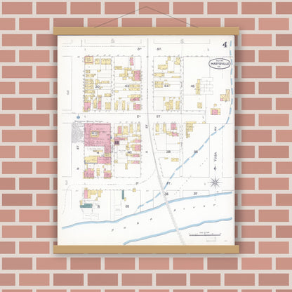 Old map wall art mockup — magnetic wood frame on brick wall — Sanborn Fire Insurance Map from Marysville, Yuba County, California (1895), Sheet #0004