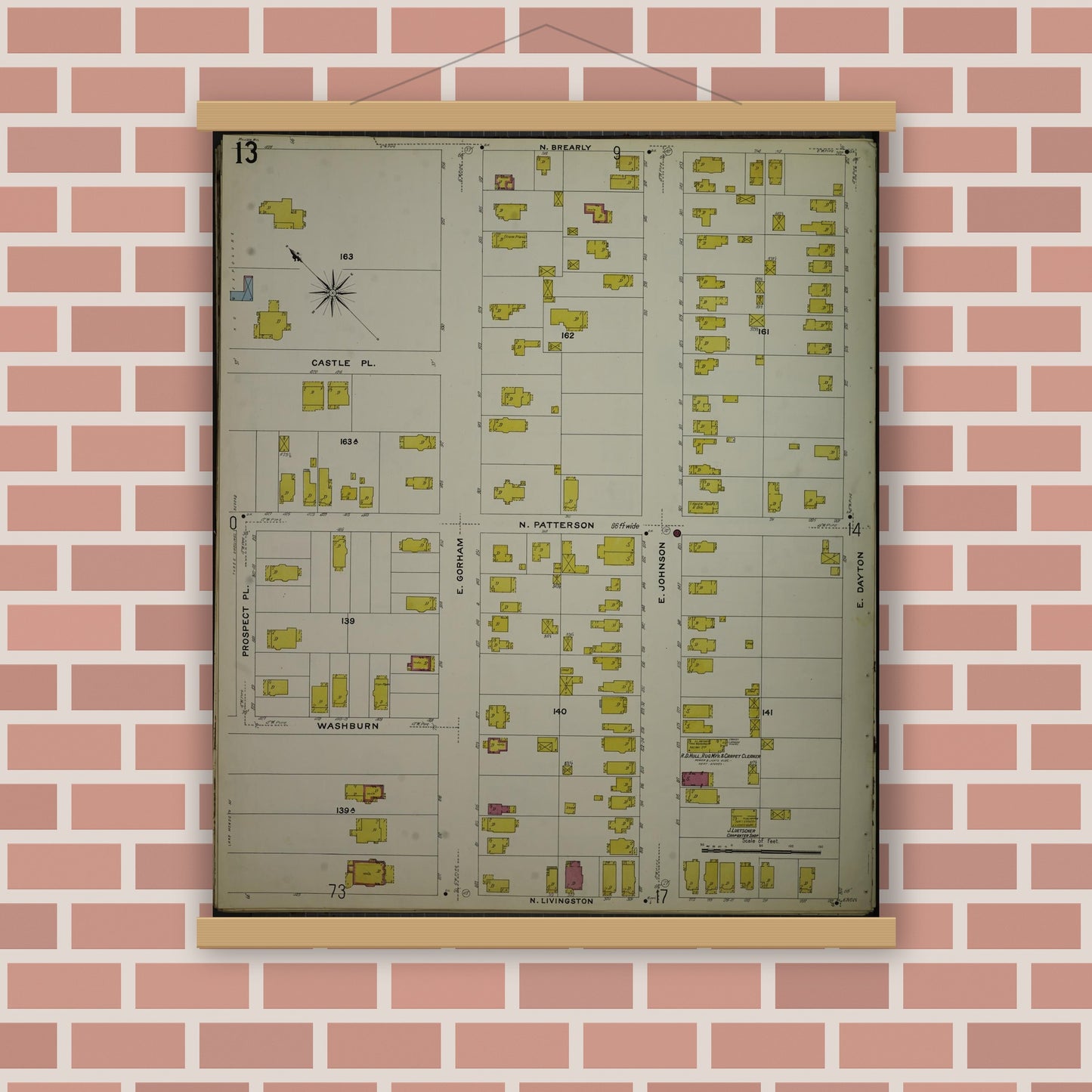 Old map wall art mockup — magnetic wood frame on brick wall — Sanborn Fire Insurance Map from Madison, Dane County, Wisconsin (1908), Sheet #0013