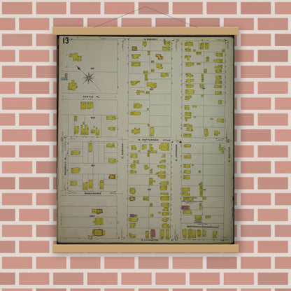 Old map wall art mockup — magnetic wood frame on brick wall — Sanborn Fire Insurance Map from Madison, Dane County, Wisconsin (1908), Sheet #0013