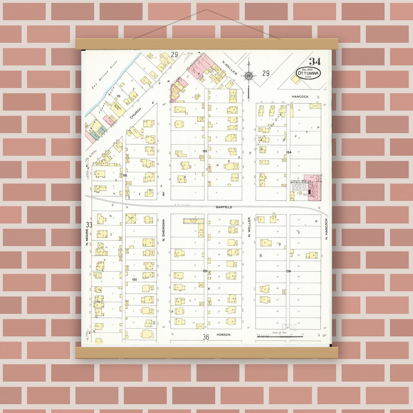 Old map wall art mockup — magnetic wood frame on brick wall — Sanborn Fire Insurance Map from Ottumwa, Wapello County, Iowa (1909), Sheet #0034