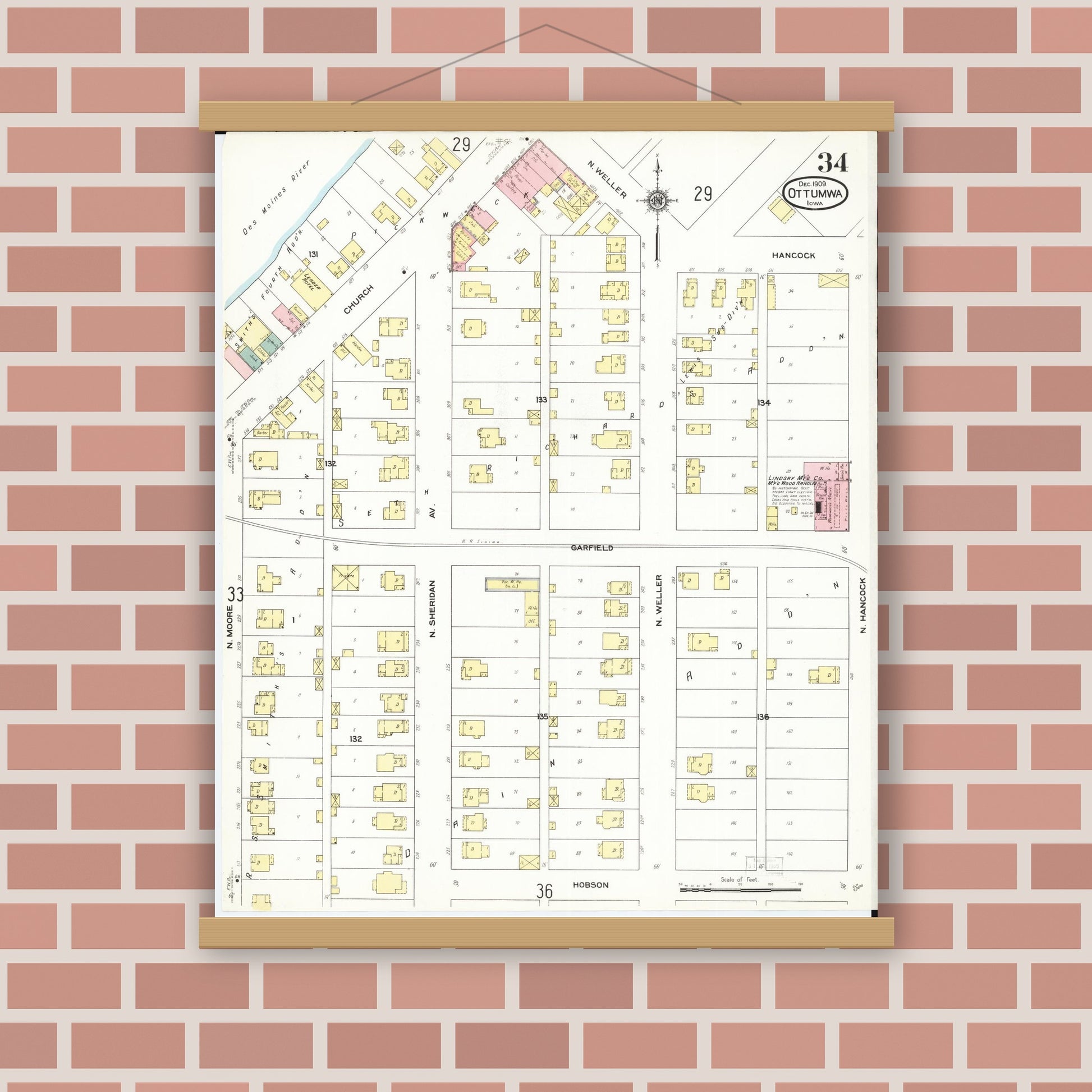 Old map wall art mockup — magnetic wood frame on brick wall — Sanborn Fire Insurance Map from Ottumwa, Wapello County, Iowa (1909), Sheet #0034