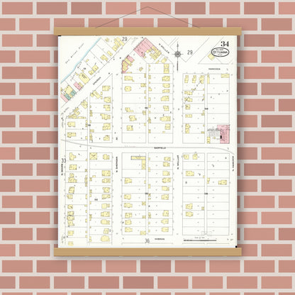 Old map wall art mockup — magnetic wood frame on brick wall — Sanborn Fire Insurance Map from Ottumwa, Wapello County, Iowa (1909), Sheet #0034