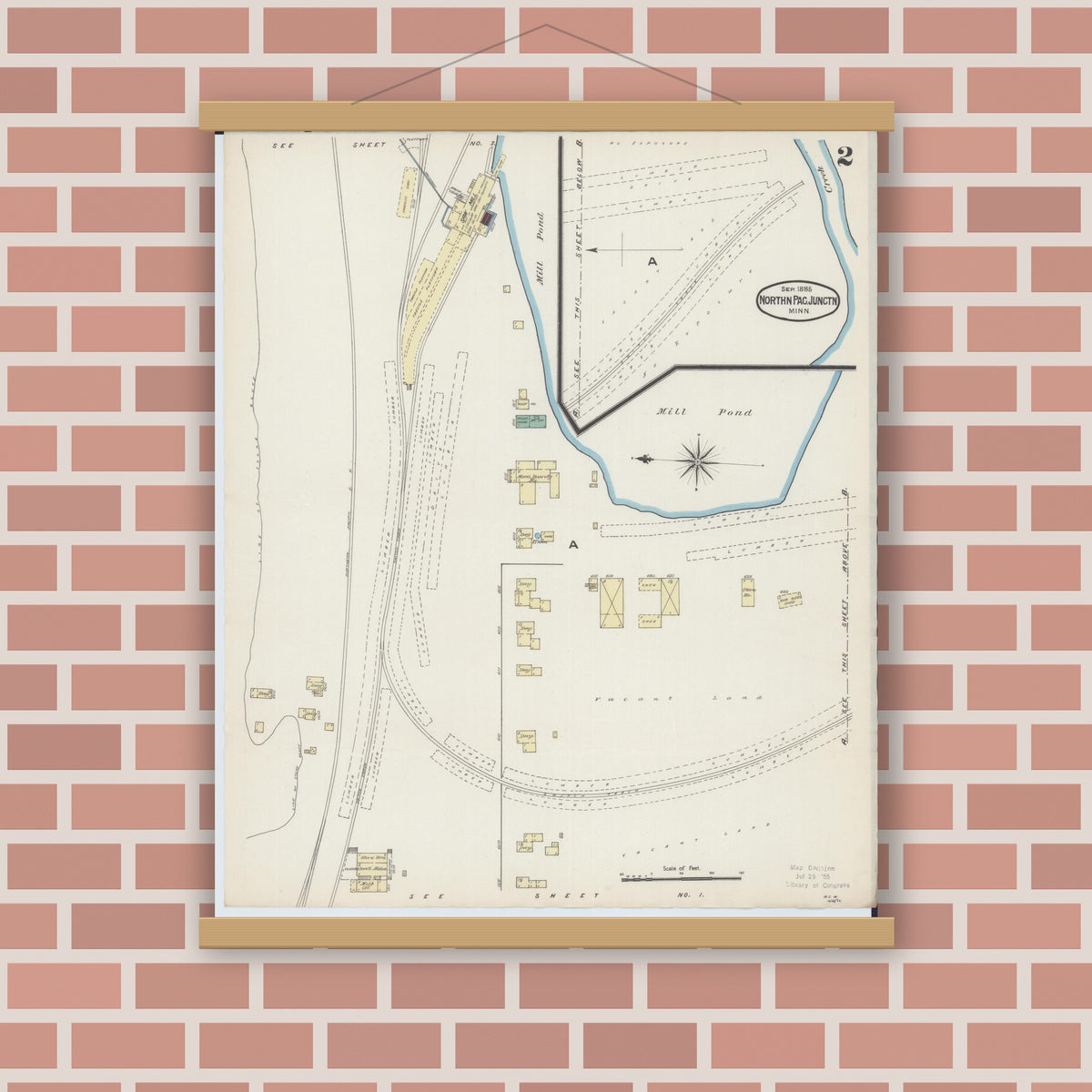 Old map wall art mockup — magnetic wood frame on brick wall — Sanborn Fire Insurance Map from Northern Pacific Junction, Carlton County, Minnesota (1885), Sheet #0002
