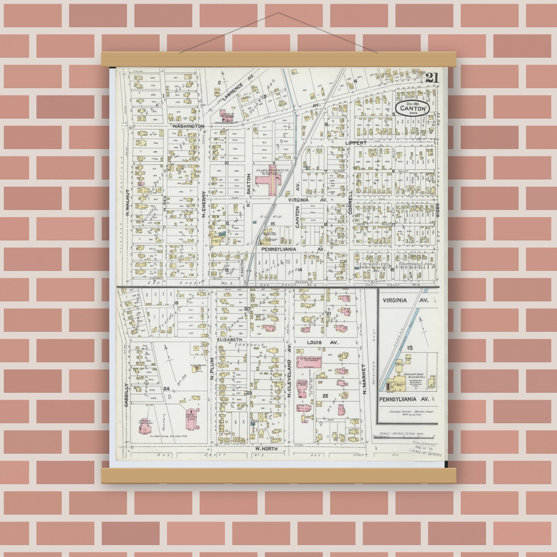 Old map wall art mockup — magnetic wood frame on brick wall — Sanborn Fire Insurance Map from Canton, Stark County, Ohio (1891), Sheet #0021