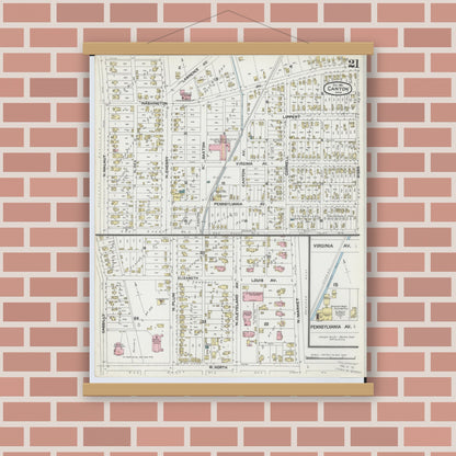 Old map wall art mockup — magnetic wood frame on brick wall — Sanborn Fire Insurance Map from Canton, Stark County, Ohio (1891), Sheet #0021