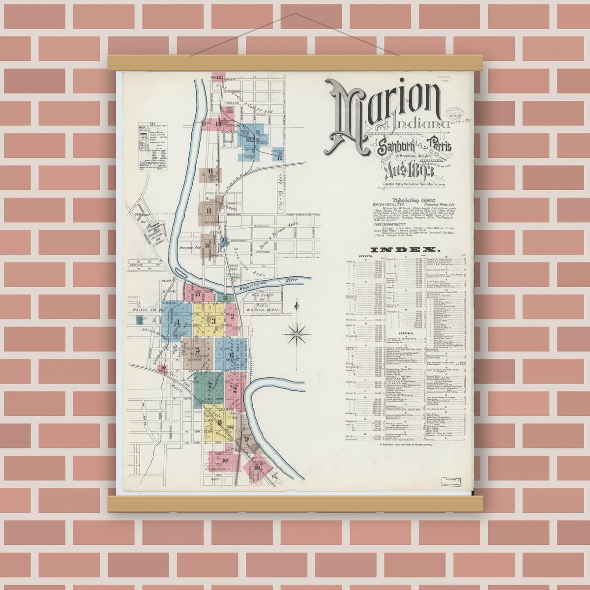 Old map wall art mockup — magnetic wood frame on brick wall — Sanborn Fire Insurance Map from Marion, Grant County, Indiana (1893) - Complete Map Set