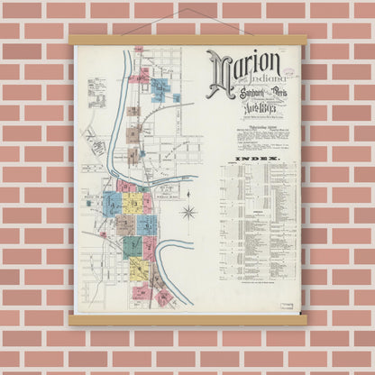 Old map wall art mockup — magnetic wood frame on brick wall — Sanborn Fire Insurance Map from Marion, Grant County, Indiana (1893) - Complete Map Set