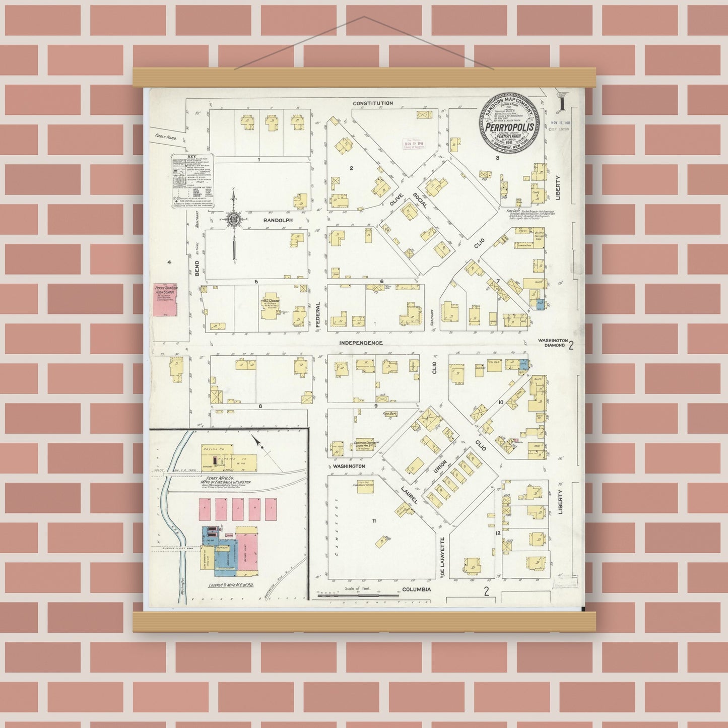 Old map wall art mockup — magnetic wood frame on brick wall — Sanborn Fire Insurance Map from Perryopolis, Fayette County, Pennsylvania (1911) - Complete Map Set