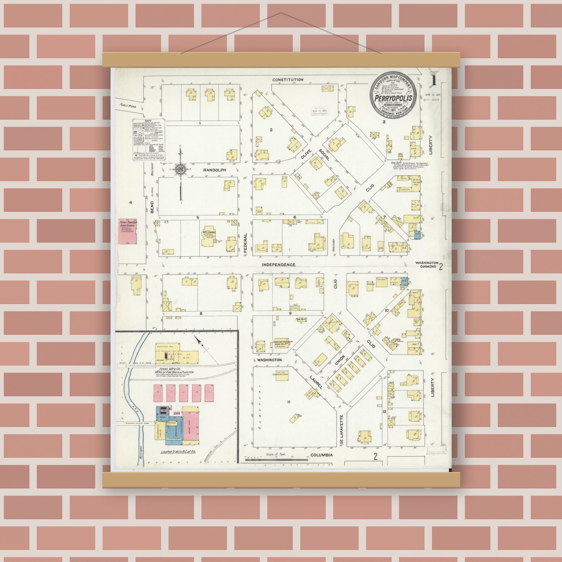 Old map wall art mockup — magnetic wood frame on brick wall — Sanborn Fire Insurance Map from Perryopolis, Fayette County, Pennsylvania (1911) - Complete Map Set