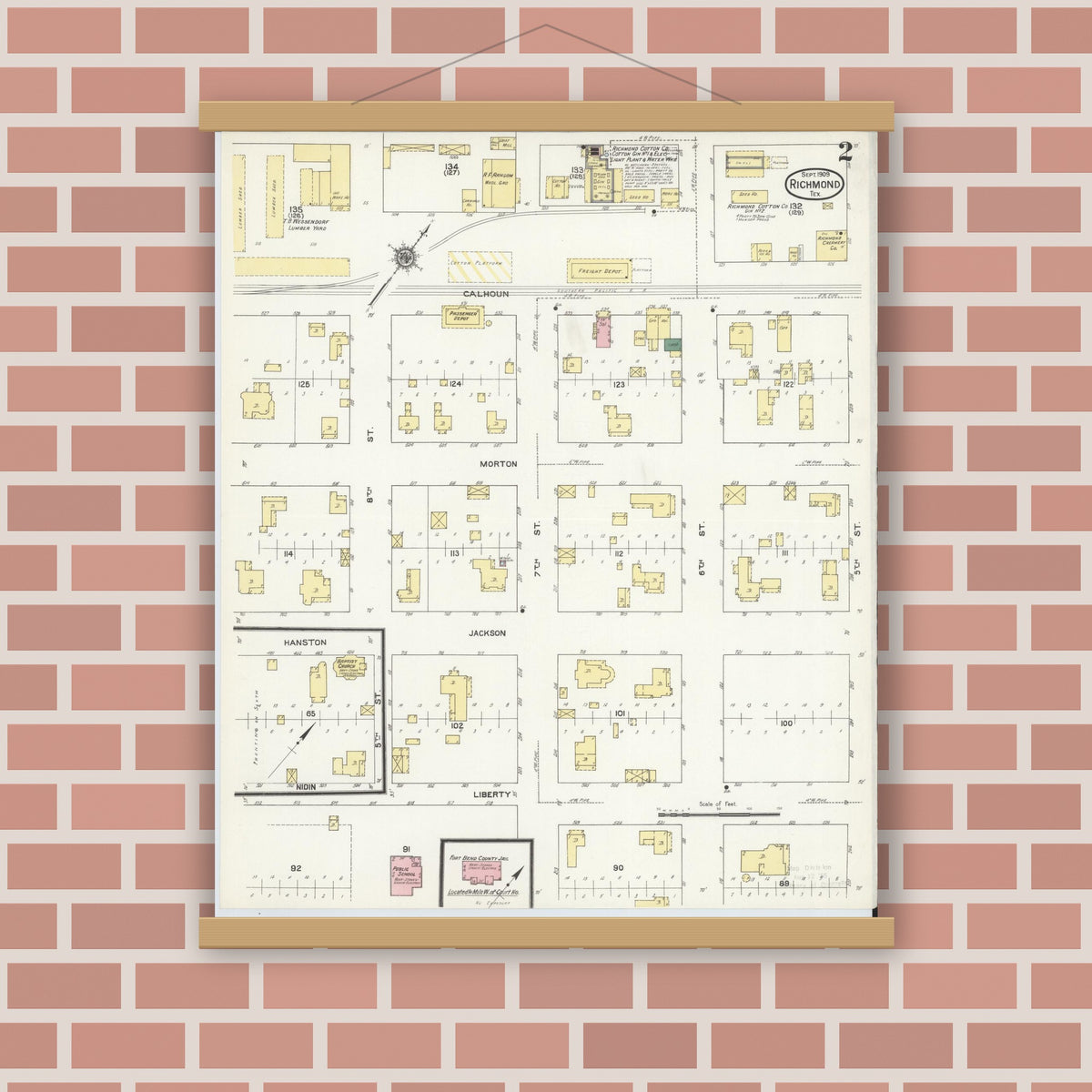 Old map wall art mockup — magnetic wood frame on brick wall — Sanborn Fire Insurance Map from Richmond, Fort Bend County, Texas (1909), Sheet #0002