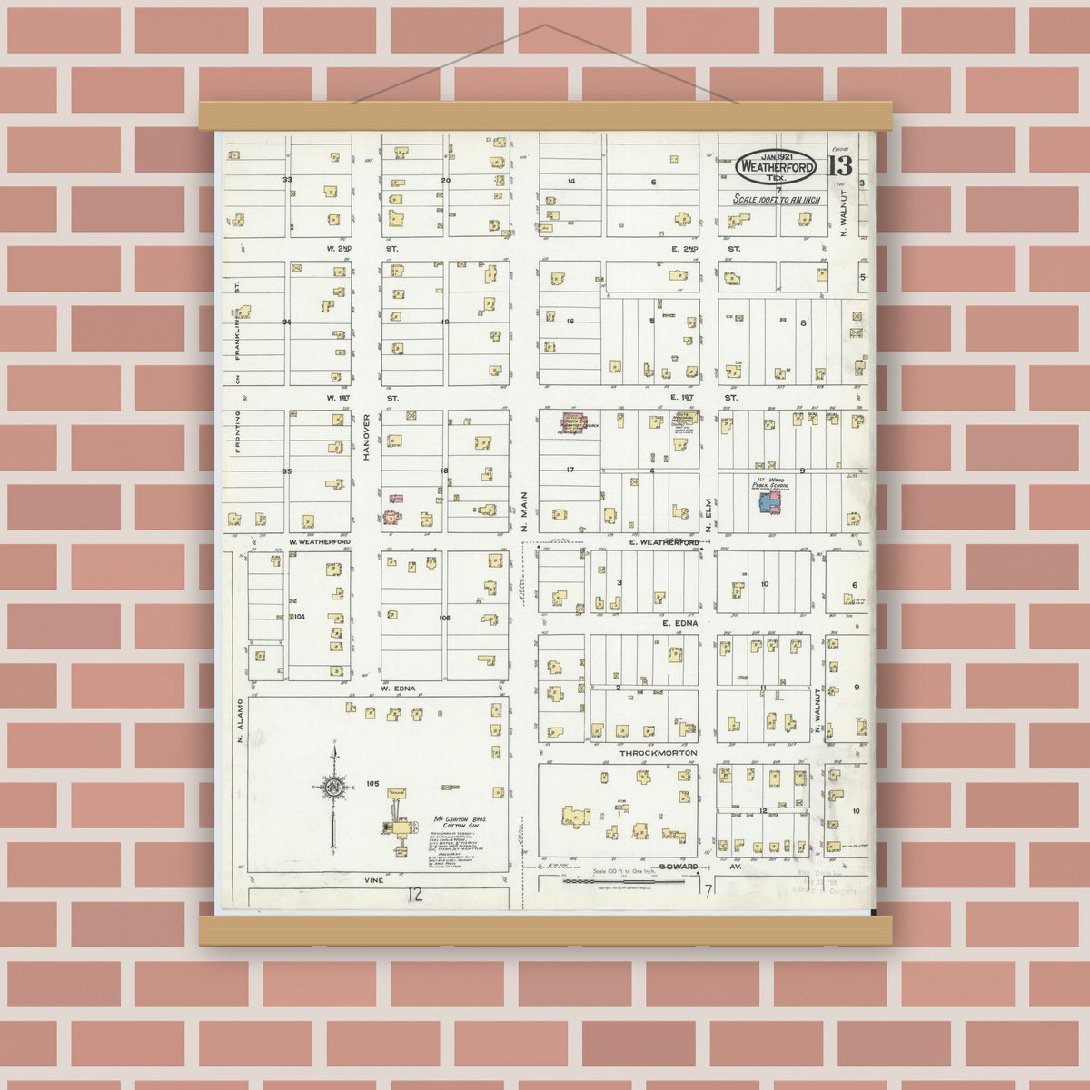 Old map wall art mockup — magnetic wood frame on brick wall — Sanborn Fire Insurance Map from Weatherford, Parker County, Texas (1921), Sheet #0013