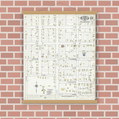 Old map wall art mockup — magnetic wood frame on brick wall — Sanborn Fire Insurance Map from Weatherford, Parker County, Texas (1921), Sheet #0013