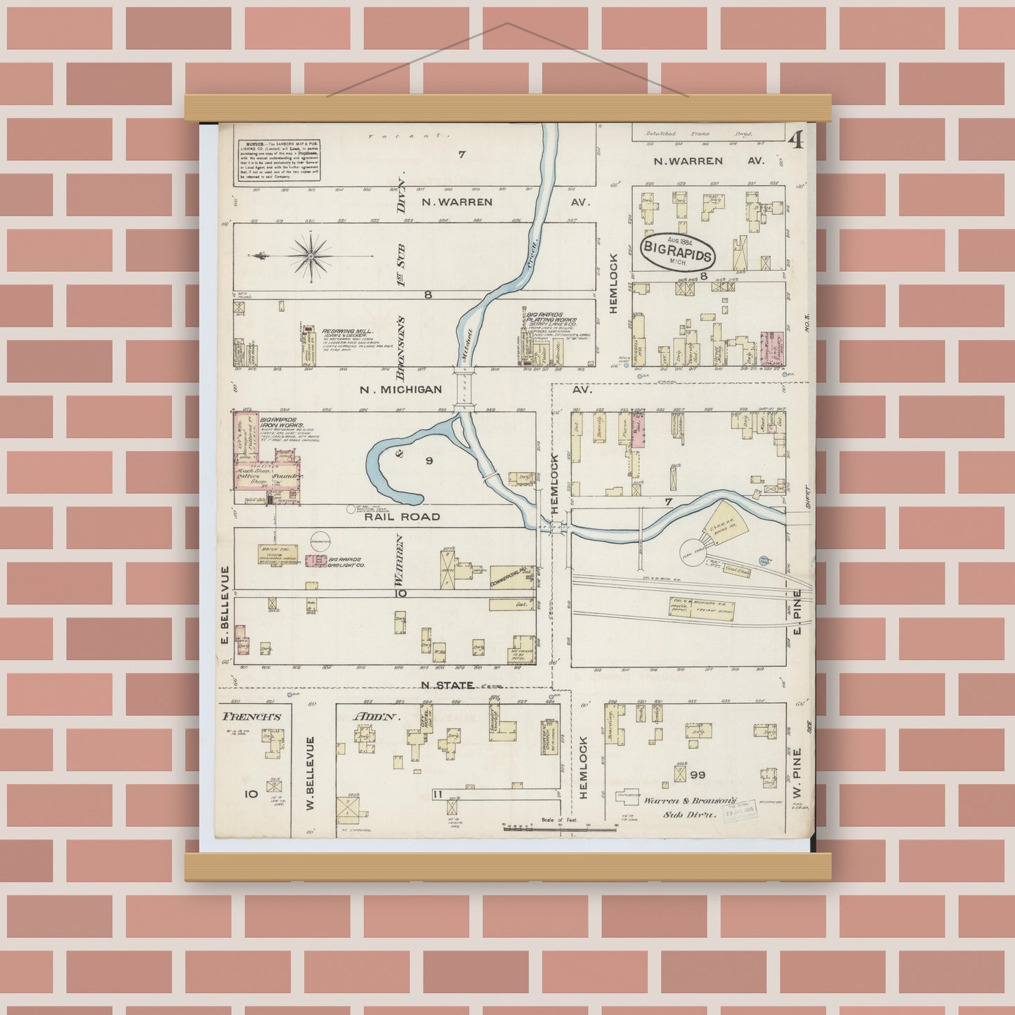 Old map wall art mockup — magnetic wood frame on brick wall — Sanborn Fire Insurance Map from Big Rapids, Mecosta County, Michigan (1884), Sheet #0004
