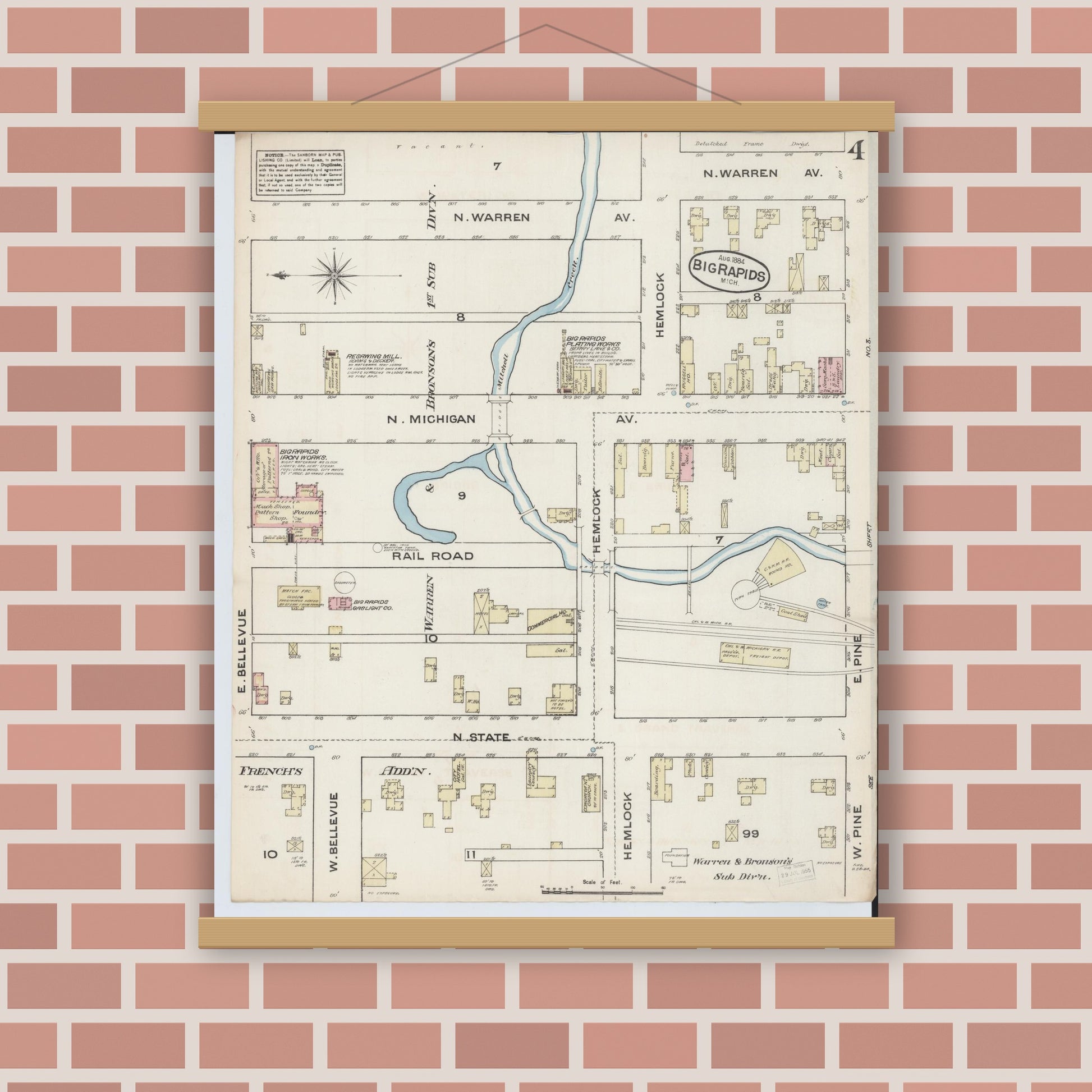 Old map wall art mockup — magnetic wood frame on brick wall — Sanborn Fire Insurance Map from Big Rapids, Mecosta County, Michigan (1884), Sheet #0004