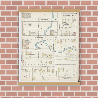 Old map wall art mockup — magnetic wood frame on brick wall — Sanborn Fire Insurance Map from Big Rapids, Mecosta County, Michigan (1884), Sheet #0004