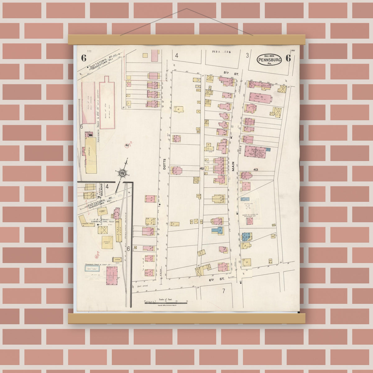 Old map wall art mockup — magnetic wood frame on brick wall — Sanborn Fire Insurance Map from Pennsburg, Montgomery County, Pennsylvania (1933), Sheet #0006