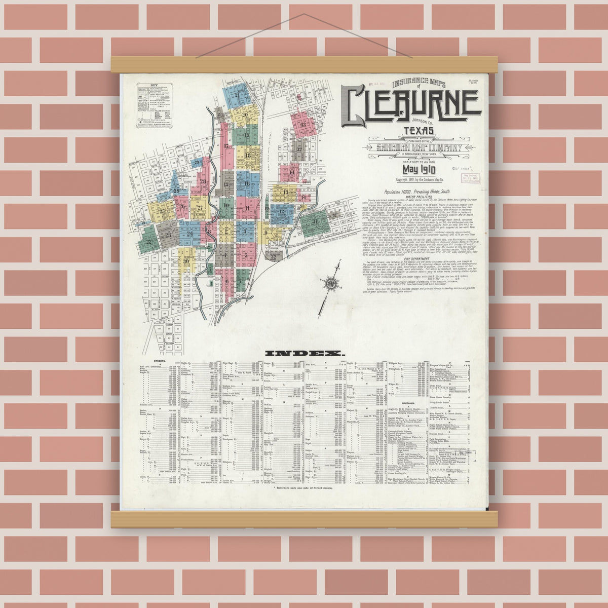 Old map wall art mockup — magnetic wood frame on brick wall — Sanborn Fire Insurance Map from Cleburne, Johnson County, Texas (1910) - Complete Map Set