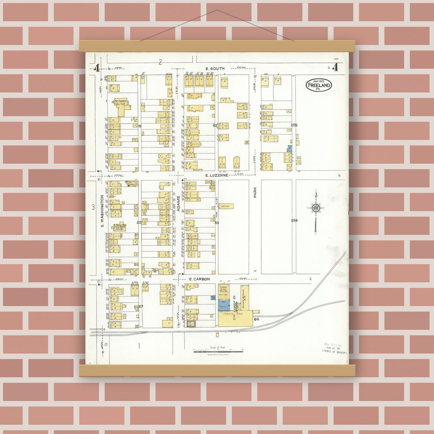 Old map wall art mockup — magnetic wood frame on brick wall — Sanborn Fire Insurance Map from Freeland, Luzerne County, Pennsylvania (1923), Sheet #0004