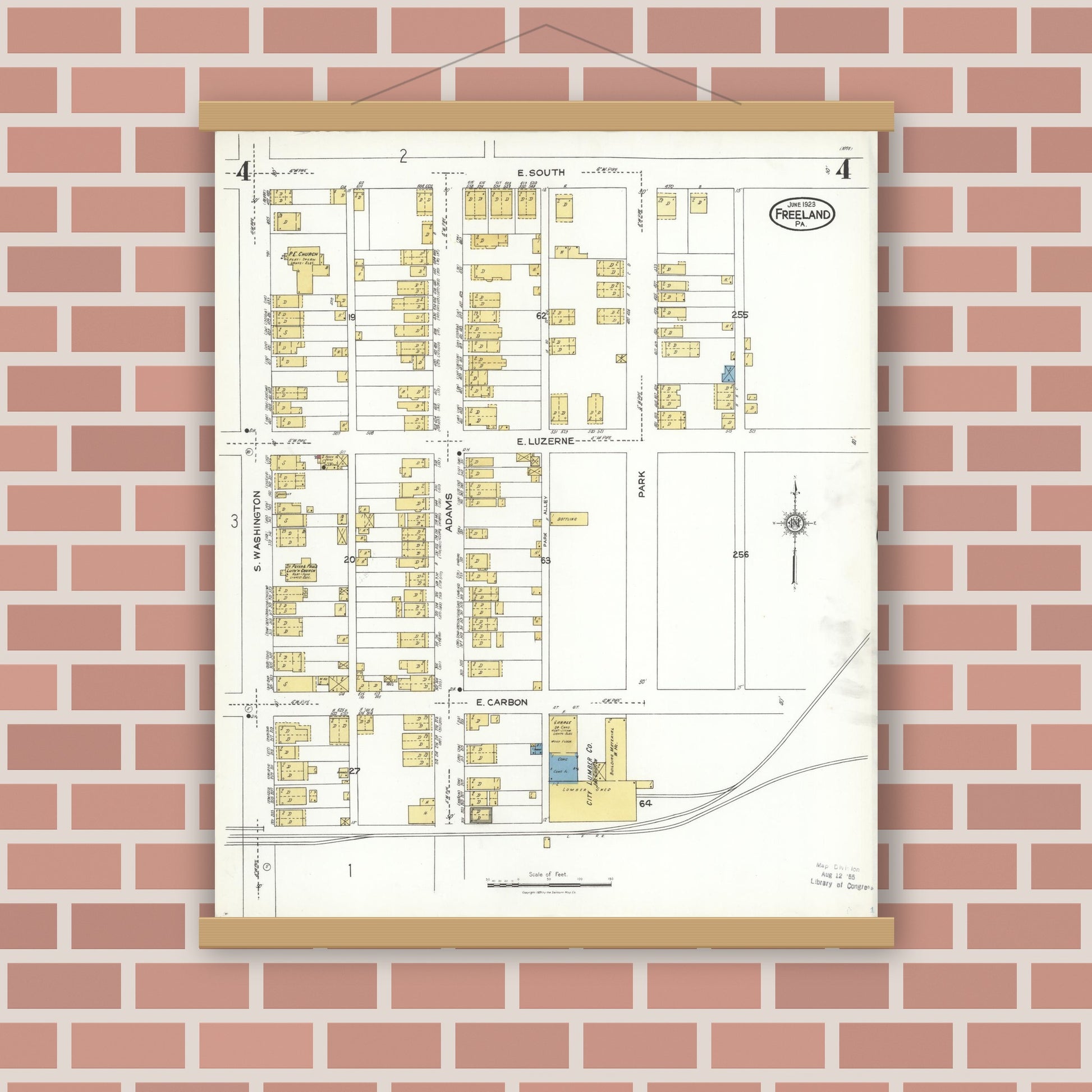 Old map wall art mockup — magnetic wood frame on brick wall — Sanborn Fire Insurance Map from Freeland, Luzerne County, Pennsylvania (1923), Sheet #0004