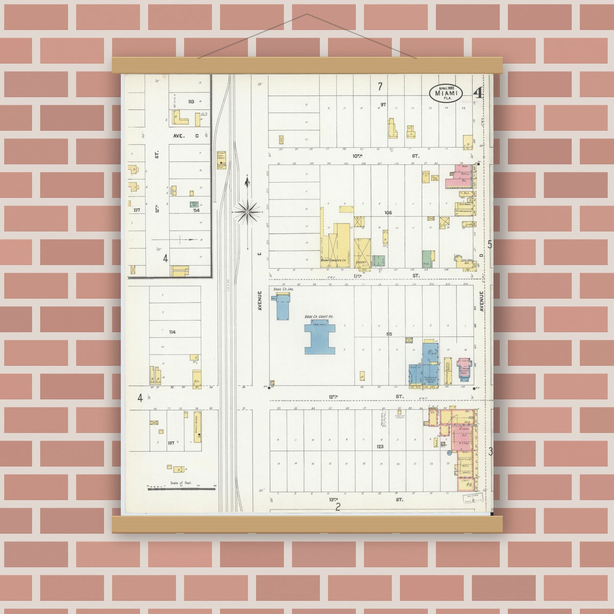 Old map wall art mockup — magnetic wood frame on brick wall — Sanborn Fire Insurance Map from Miami, Dade County, Florida (1903), Sheet #0004