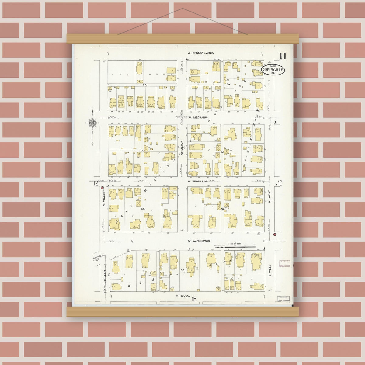 Old map wall art mockup — magnetic wood frame on brick wall — Sanborn Fire Insurance Map from Shelbyville, Shelby County, Indiana (1910), Sheet #0011