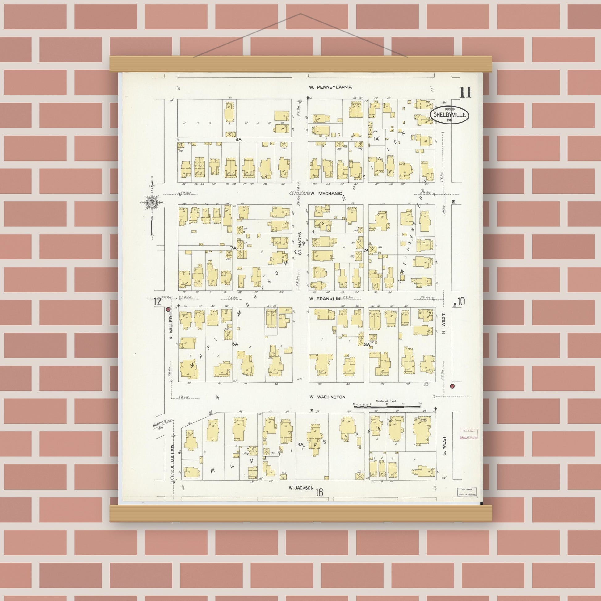 Old map wall art mockup — magnetic wood frame on brick wall — Sanborn Fire Insurance Map from Shelbyville, Shelby County, Indiana (1910), Sheet #0011