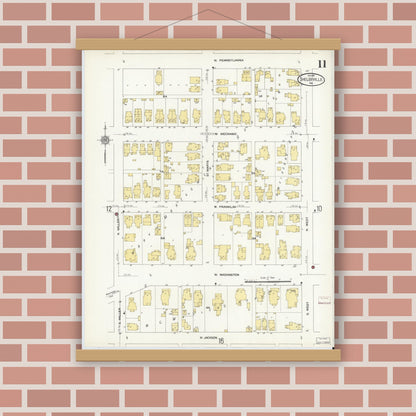 Old map wall art mockup — magnetic wood frame on brick wall — Sanborn Fire Insurance Map from Shelbyville, Shelby County, Indiana (1910), Sheet #0011