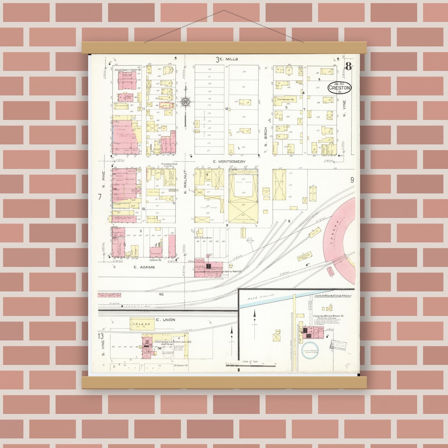 Old map wall art mockup — magnetic wood frame on brick wall — Sanborn Fire Insurance Map from Creston, Union County, Iowa (1913), Sheet #0008