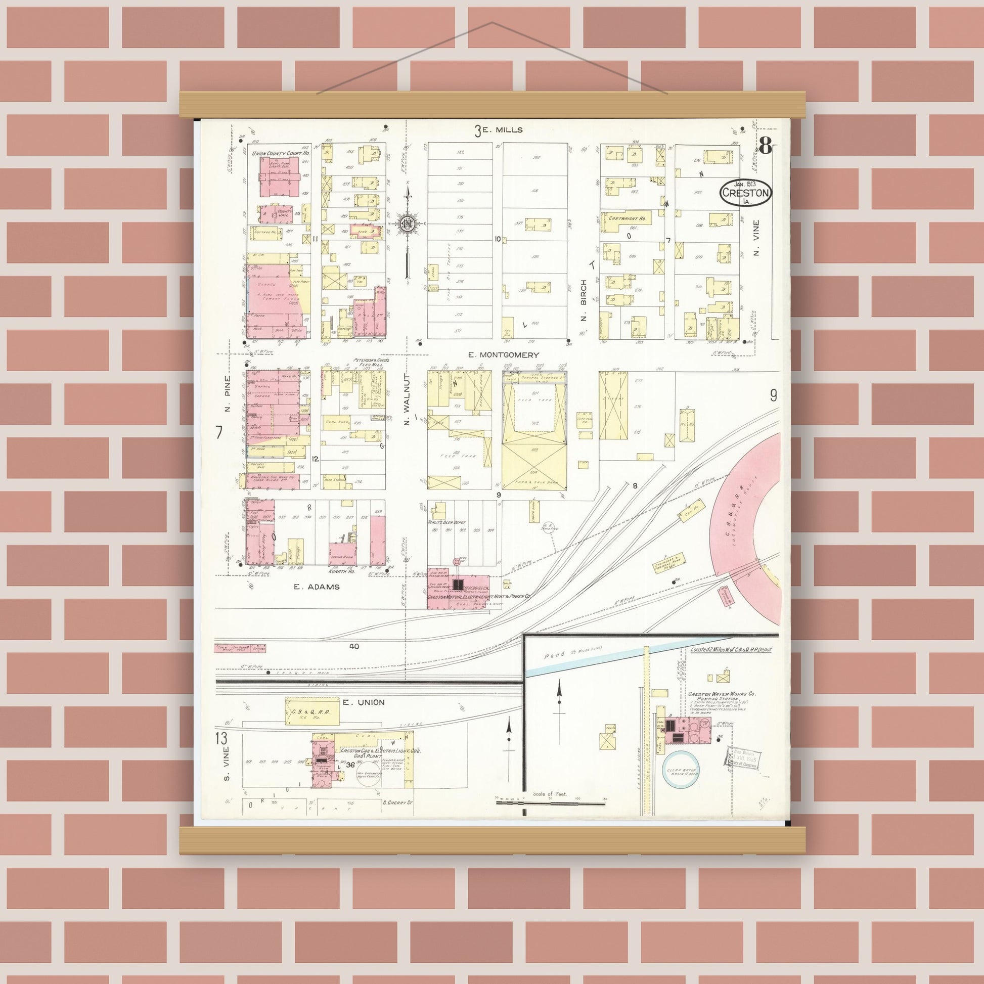 Old map wall art mockup — magnetic wood frame on brick wall — Sanborn Fire Insurance Map from Creston, Union County, Iowa (1913), Sheet #0008