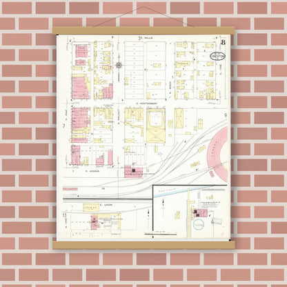 Old map wall art mockup — magnetic wood frame on brick wall — Sanborn Fire Insurance Map from Creston, Union County, Iowa (1913), Sheet #0008