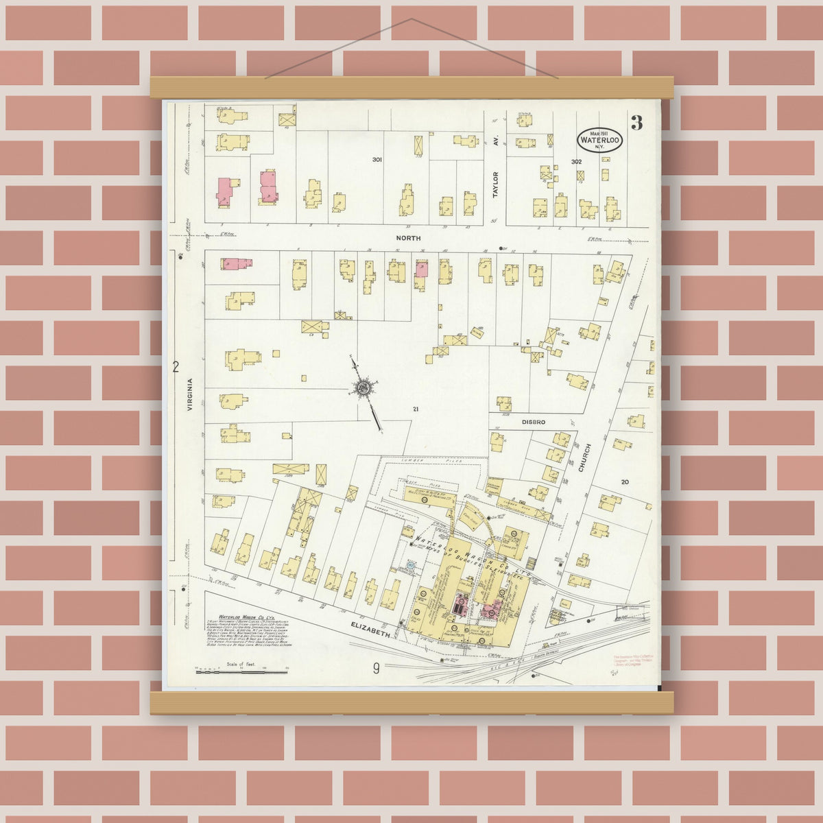Old map wall art mockup — magnetic wood frame on brick wall — Sanborn Fire Insurance Map from Waterloo, Seneca County, New York (1911), Sheet #0003