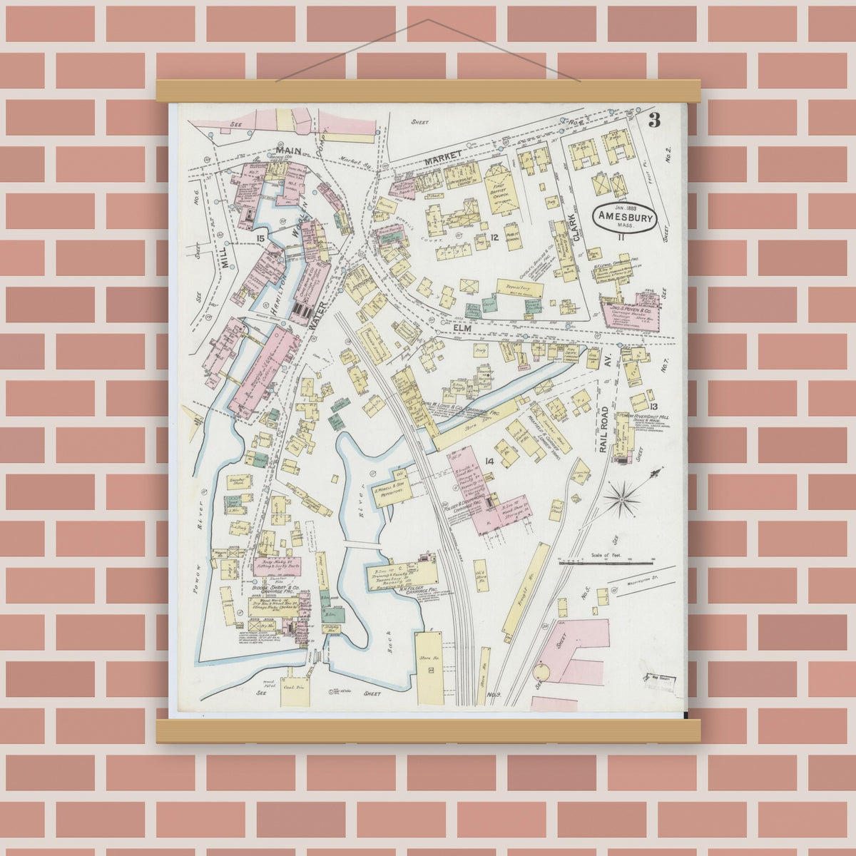 Old map wall art mockup — magnetic wood frame on brick wall — Sanborn Fire Insurance Map from Amesbury, Essex County, Massachusetts (1889), Sheet #0003