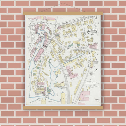 Old map wall art mockup — magnetic wood frame on brick wall — Sanborn Fire Insurance Map from Amesbury, Essex County, Massachusetts (1889), Sheet #0003