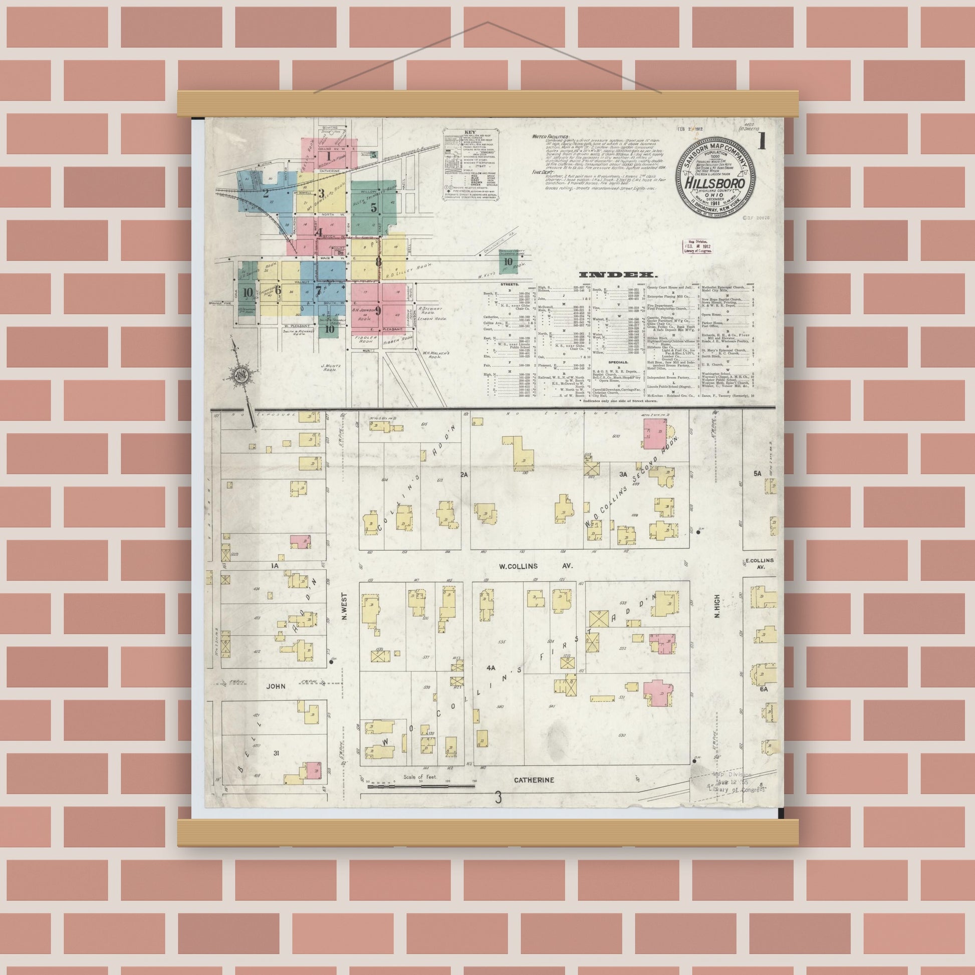 Old map wall art mockup — magnetic wood frame on brick wall — Sanborn Fire Insurance Map from Hillsboro, Highland County, Ohio (1911), Sheet #0001