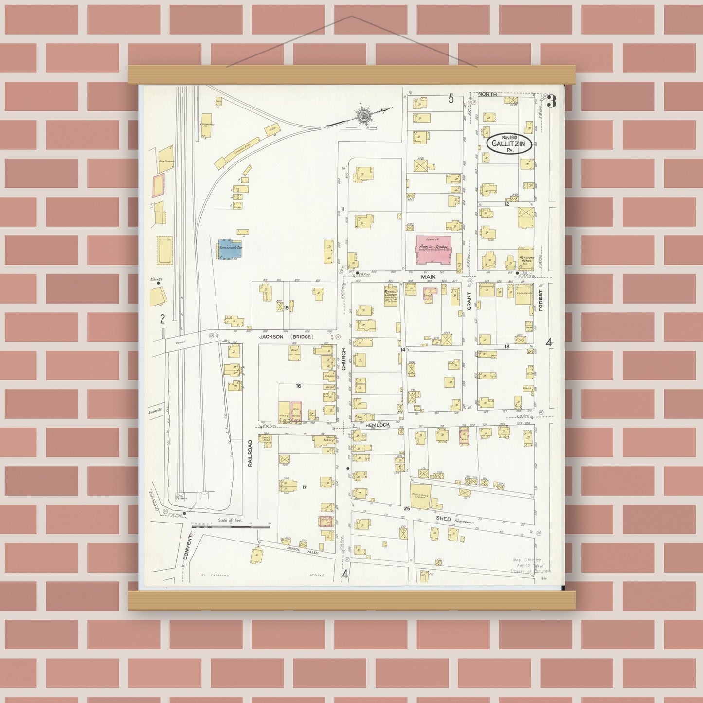 Old map wall art mockup — magnetic wood frame on brick wall — Sanborn Fire Insurance Map from Gallitzin, Cambria County, Pennsylvania (1910), Sheet #0003