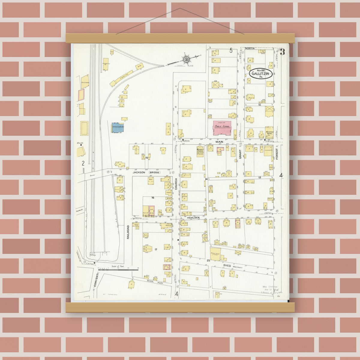 Old map wall art mockup — magnetic wood frame on brick wall — Sanborn Fire Insurance Map from Gallitzin, Cambria County, Pennsylvania (1910), Sheet #0003