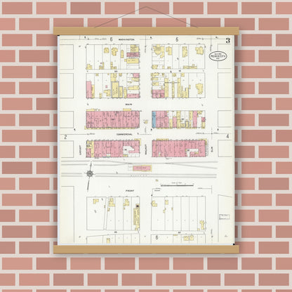 Old map wall art mockup — magnetic wood frame on brick wall — Sanborn Fire Insurance Map from Pierce City, Lawrence County, Missouri (1910), Sheet #0003
