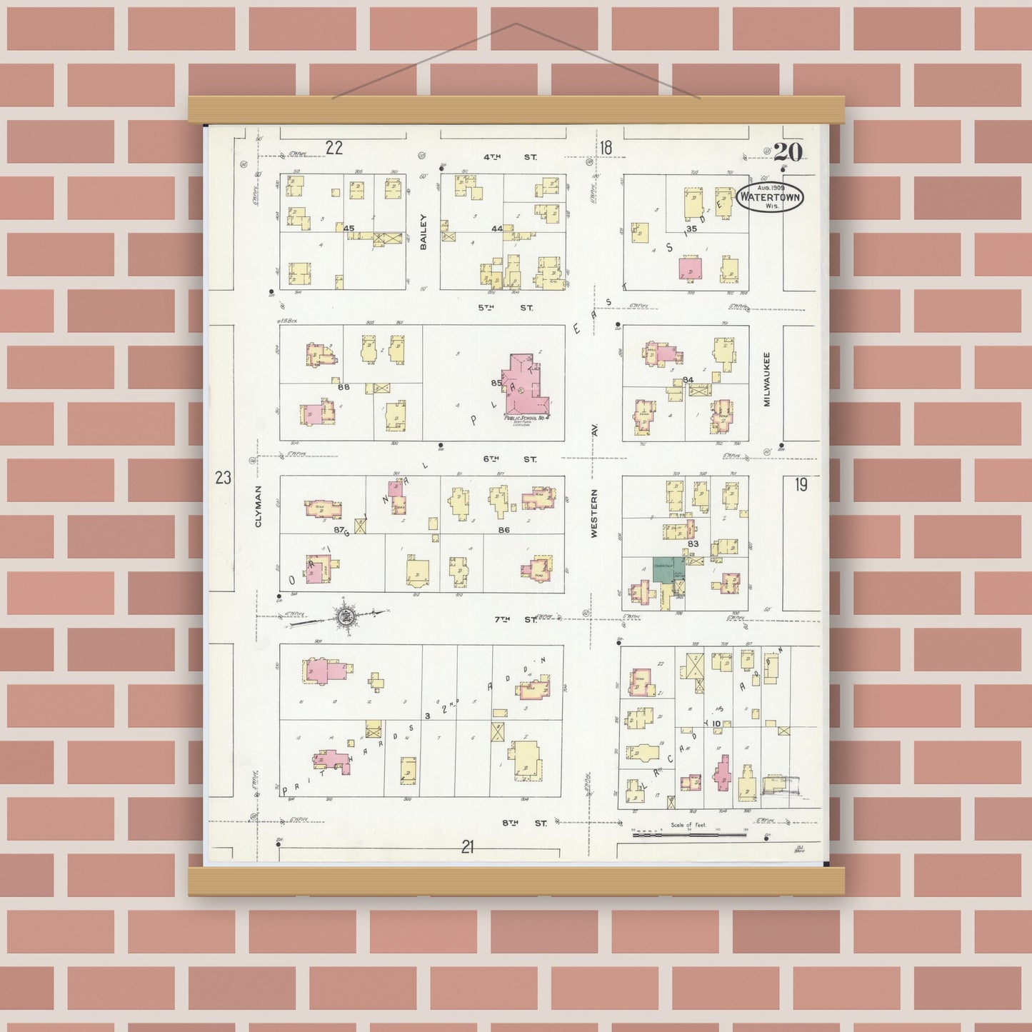 Old map wall art mockup — magnetic wood frame on brick wall — Sanborn Fire Insurance Map from Watertown, Jefferson County, Wisconsin (1909), Sheet #0020