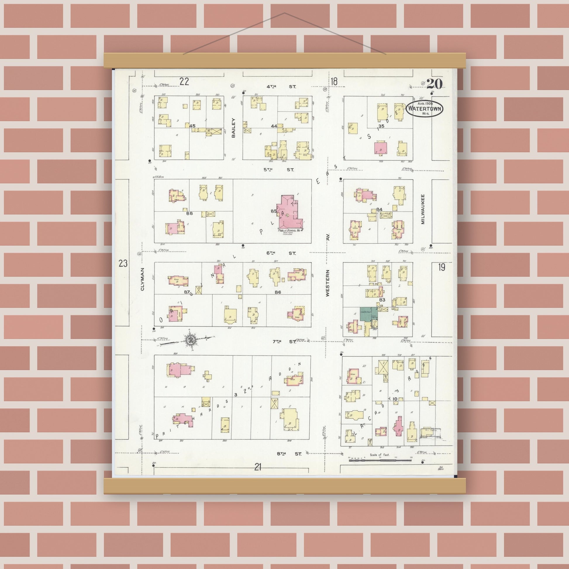 Old map wall art mockup — magnetic wood frame on brick wall — Sanborn Fire Insurance Map from Watertown, Jefferson County, Wisconsin (1909), Sheet #0020