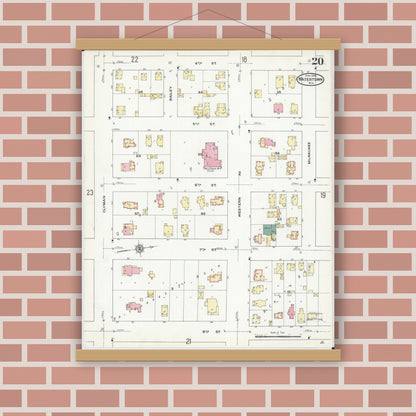 Old map wall art mockup — magnetic wood frame on brick wall — Sanborn Fire Insurance Map from Watertown, Jefferson County, Wisconsin (1909), Sheet #0020