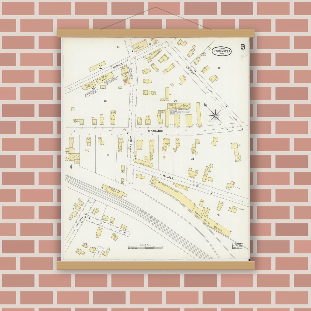 Old map wall art mockup — magnetic wood frame on brick wall — Sanborn Fire Insurance Map from Leominster, Worcester County, Massachusetts (1896), Sheet #0005
