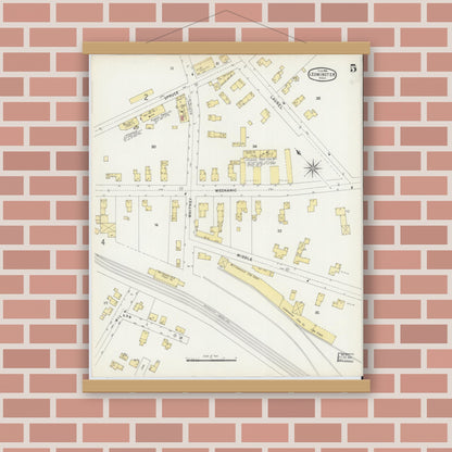 Old map wall art mockup — magnetic wood frame on brick wall — Sanborn Fire Insurance Map from Leominster, Worcester County, Massachusetts (1896), Sheet #0005