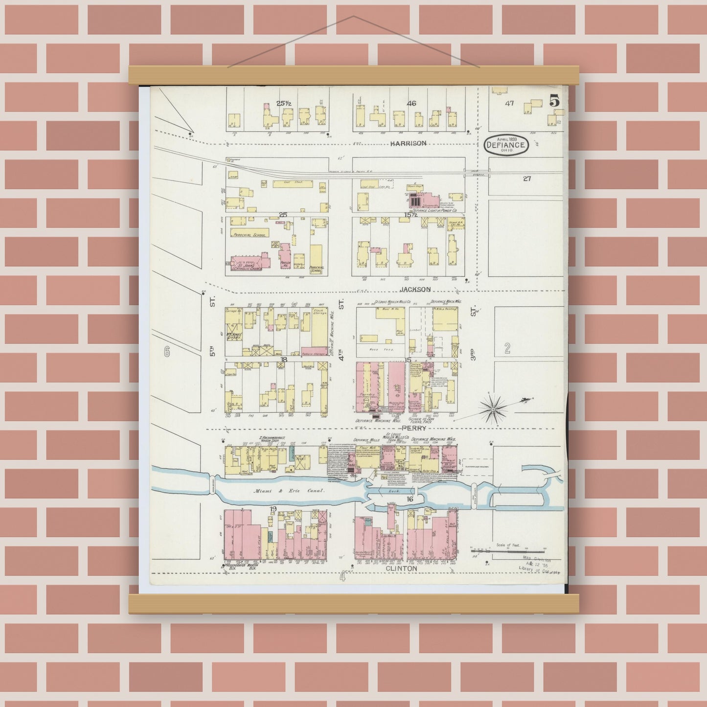 Old map wall art mockup — magnetic wood frame on brick wall — Sanborn Fire Insurance Map from Defiance, Defiance County, Ohio (1893), Sheet #0005