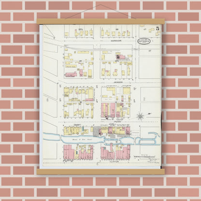 Old map wall art mockup — magnetic wood frame on brick wall — Sanborn Fire Insurance Map from Defiance, Defiance County, Ohio (1893), Sheet #0005
