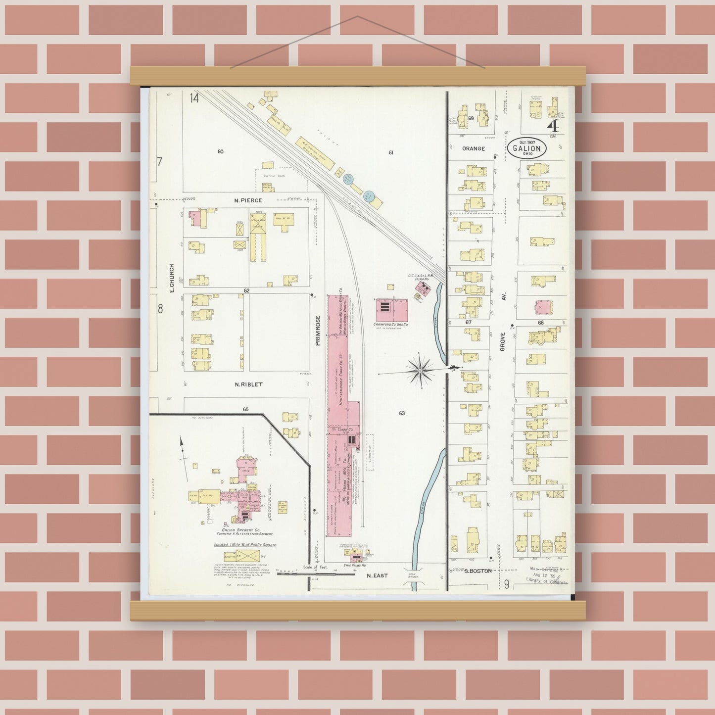 Old map wall art mockup — magnetic wood frame on brick wall — Sanborn Fire Insurance Map from Galion, Crawford County, Ohio (1907), Sheet #0004