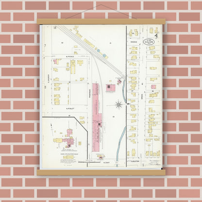 Old map wall art mockup — magnetic wood frame on brick wall — Sanborn Fire Insurance Map from Galion, Crawford County, Ohio (1907), Sheet #0004