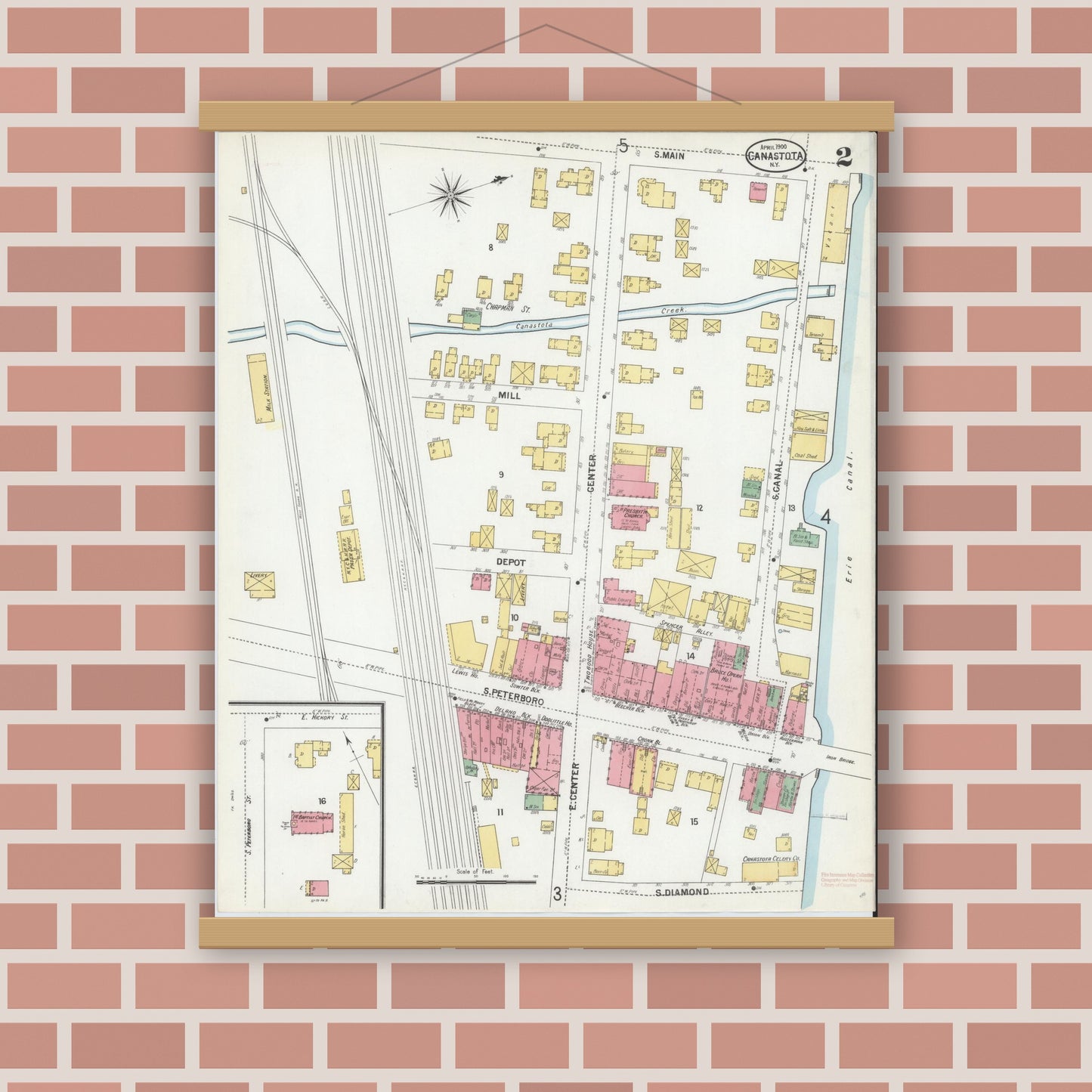 Old map wall art mockup — magnetic wood frame on brick wall — Sanborn Fire Insurance Map from Canastota, Madison County, New York (1900), Sheet #0002