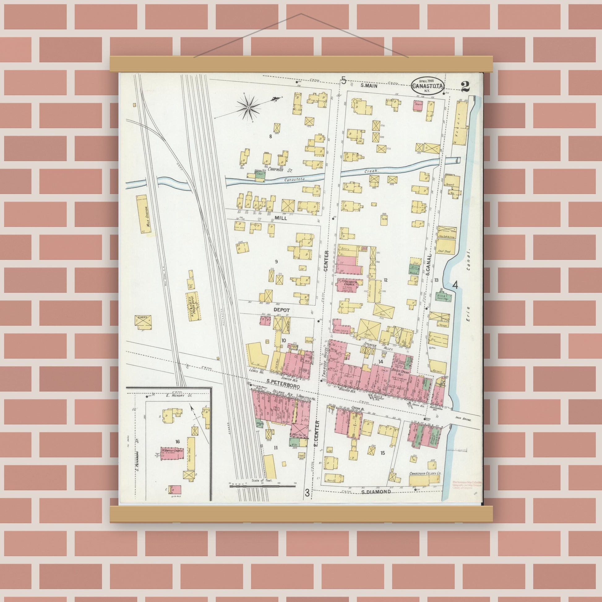 Old map wall art mockup — magnetic wood frame on brick wall — Sanborn Fire Insurance Map from Canastota, Madison County, New York (1900), Sheet #0002